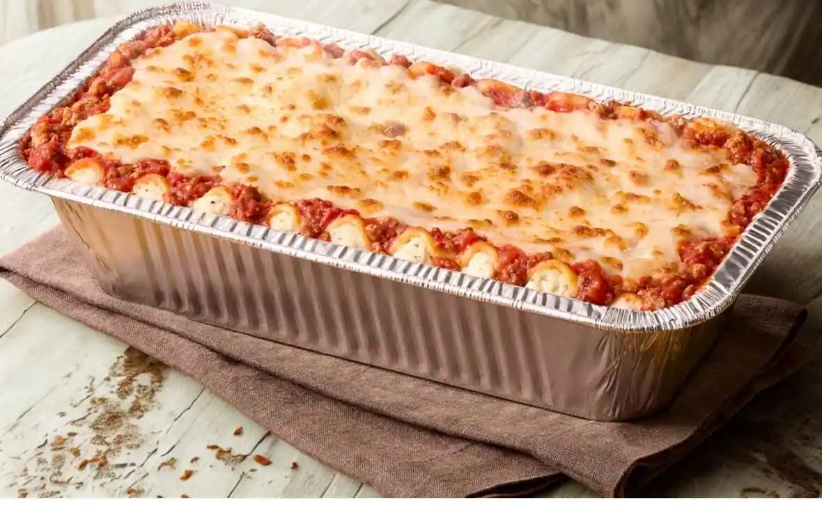 Olive Garden family-size Lasagna Classico tray with layers of pasta, meat sauce, and melted cheese