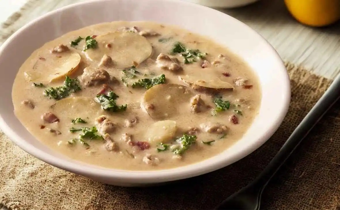 Olive Garden Zuppa Toscana soup with sausage, potatoes, and kale in creamy broth