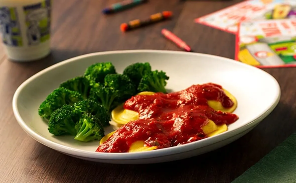 Kids cheese ravioli from Olive Garden kids menu with marinara sauce