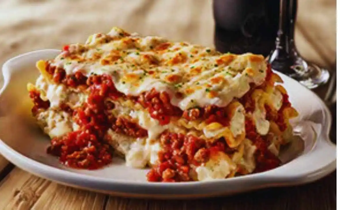 Olive Garden Lasagna Classico with layers of pasta, meat sauce and melted mozzarella cheese