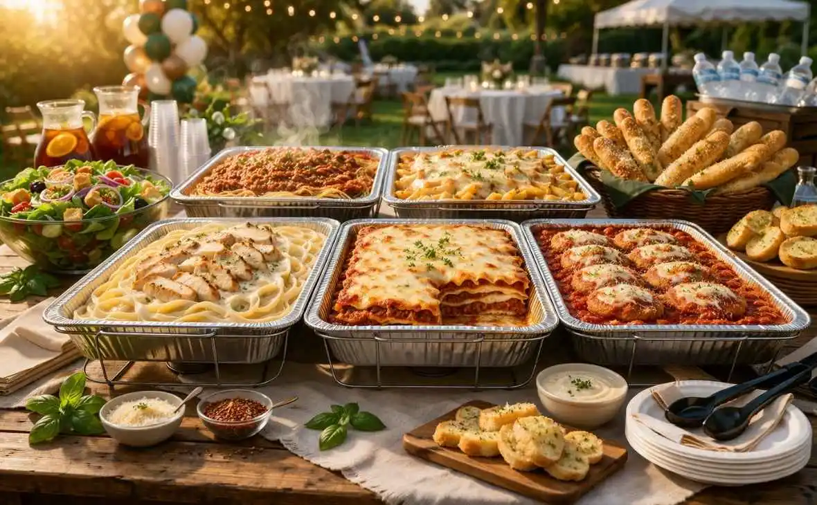 Olive Garden catering menu with pasta trays chicken alfredo lasagna salad and breadsticks