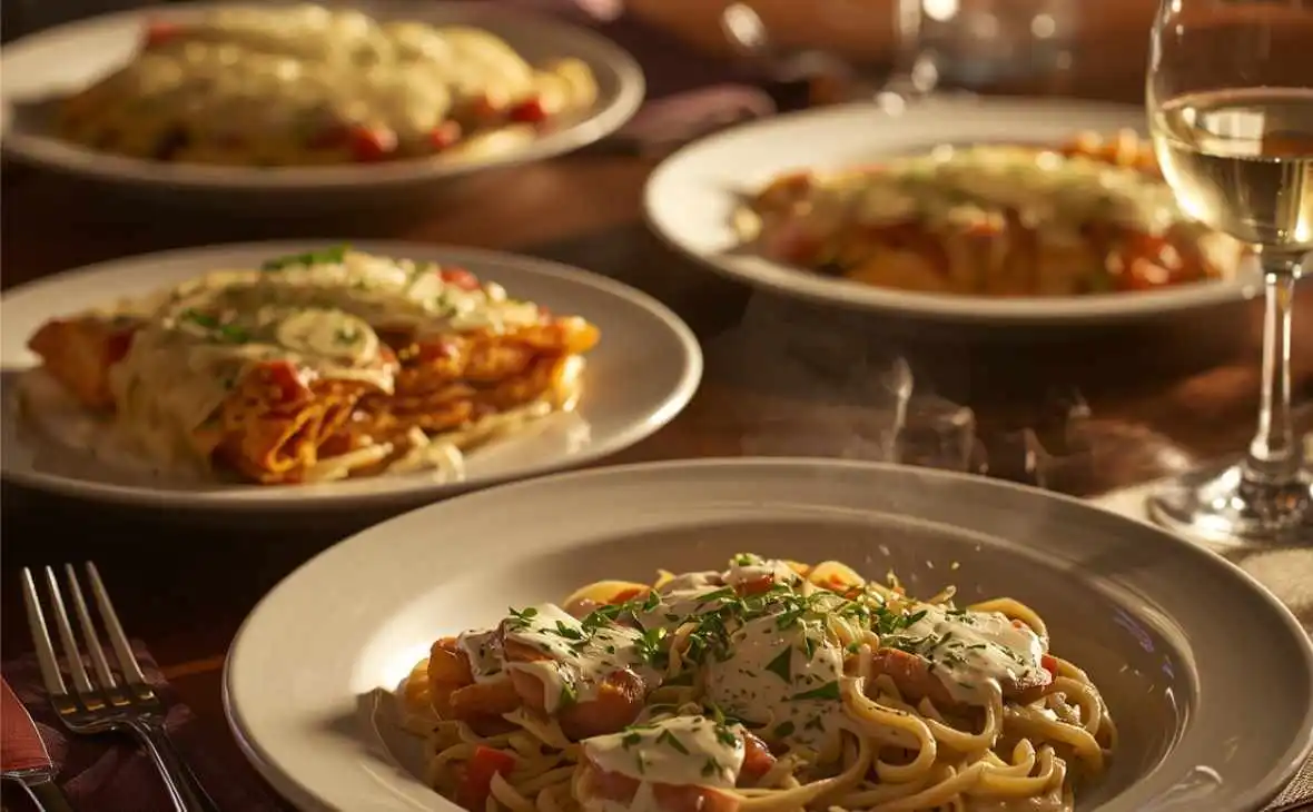 Olive Garden classic entrees including chicken alfredo pasta and lasagna served on a restaurant table