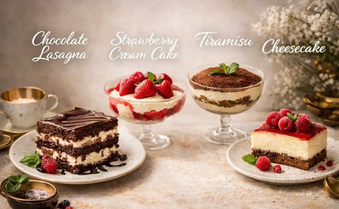 Olive Garden dessert menu with chocolate lasagna, strawberry cream cake, tiramisu and cheesecake