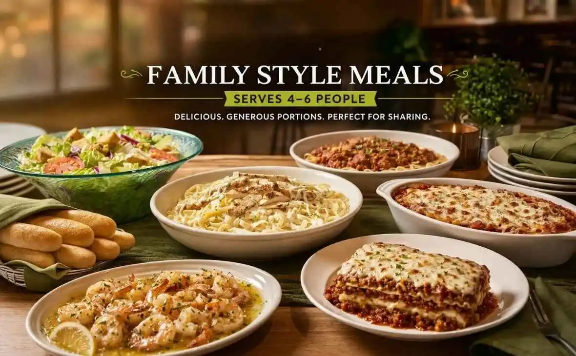 Olive Garden family style meals with pasta, salad and breadsticks on table serving 4 to 6 people