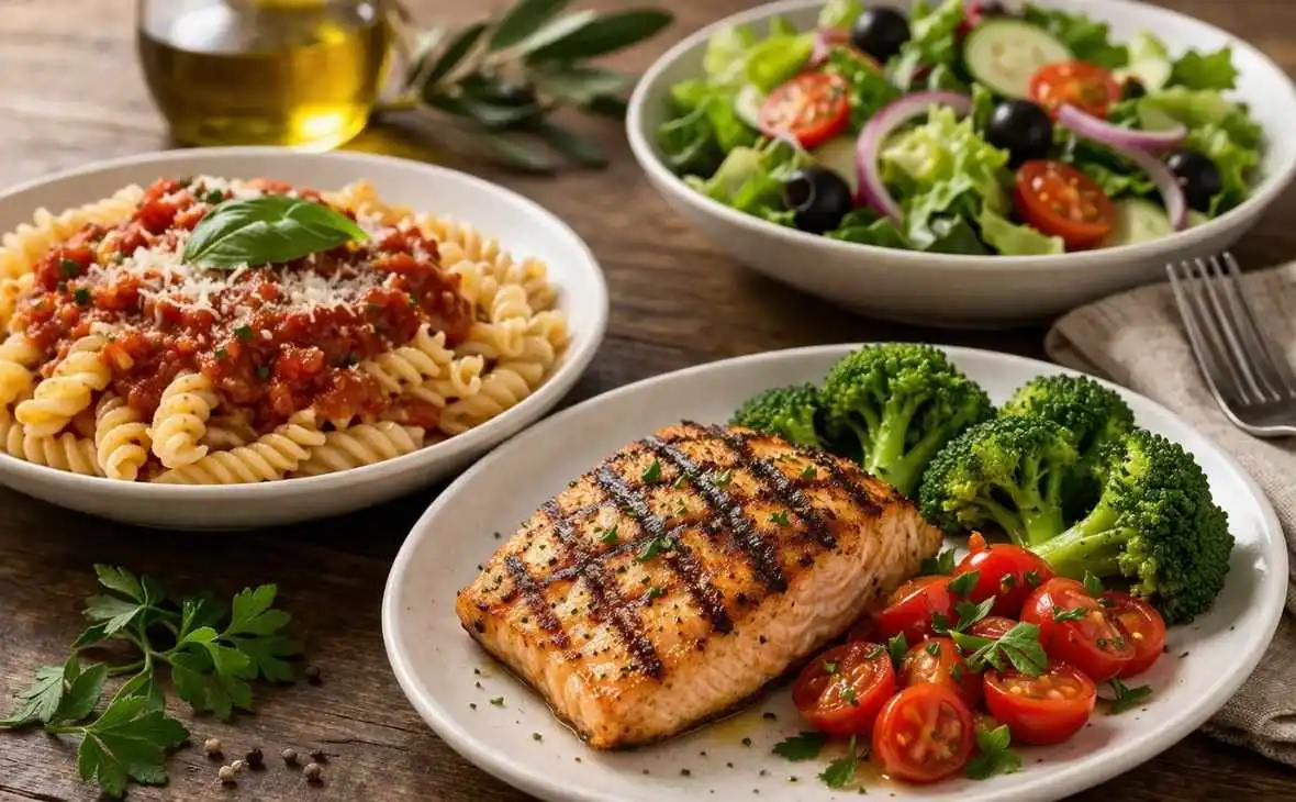 Olive Garden gluten free menu featuring grilled salmon, rotini pasta with marinara, and fresh salad options