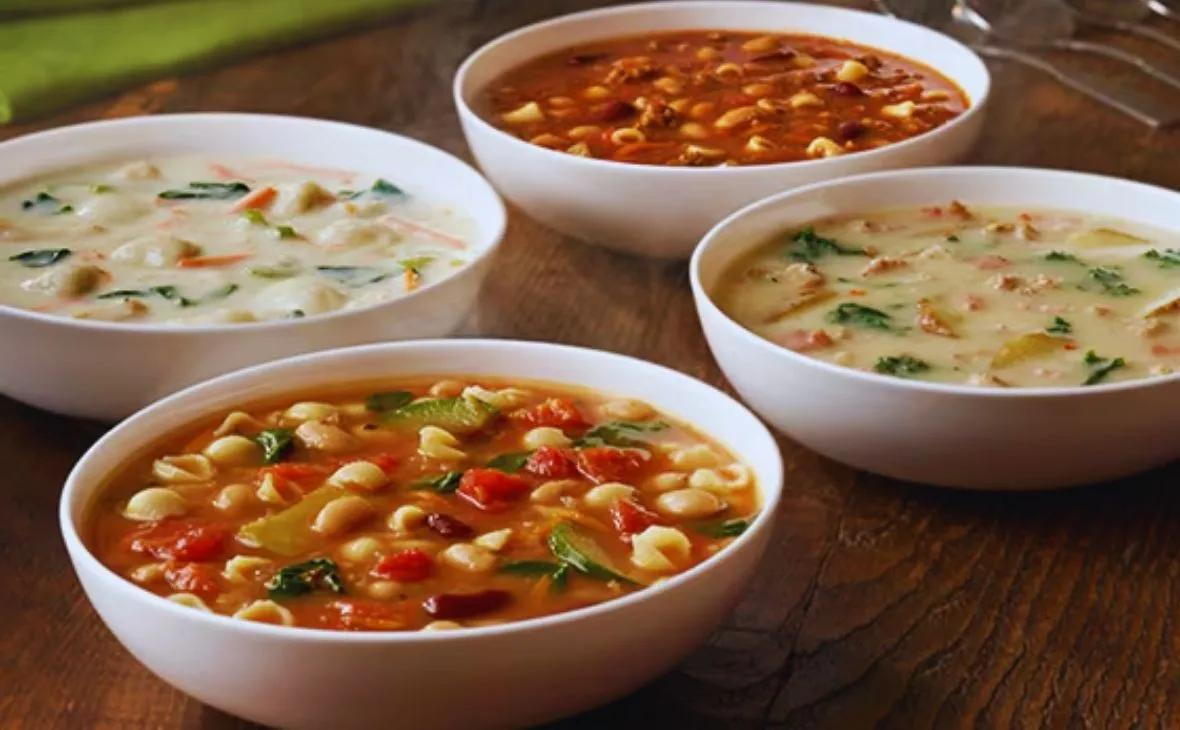 Olive Garden Homemade Soups including minestrone, chicken and gnocchi, zuppa toscana, and pasta e fagioli