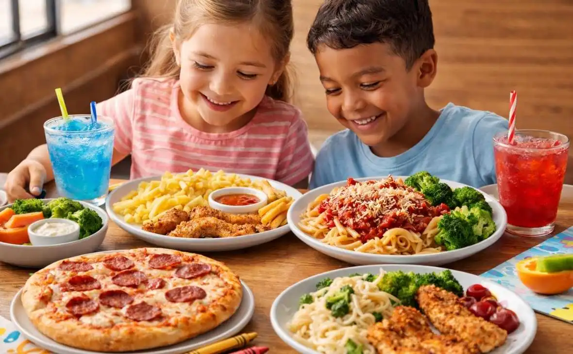 Children enjoying pasta, pizza and chicken meals from Olive Garden kids menu