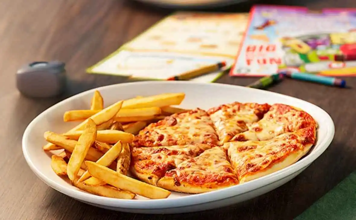 Olive Garden kids pizza served with fries on kids menu