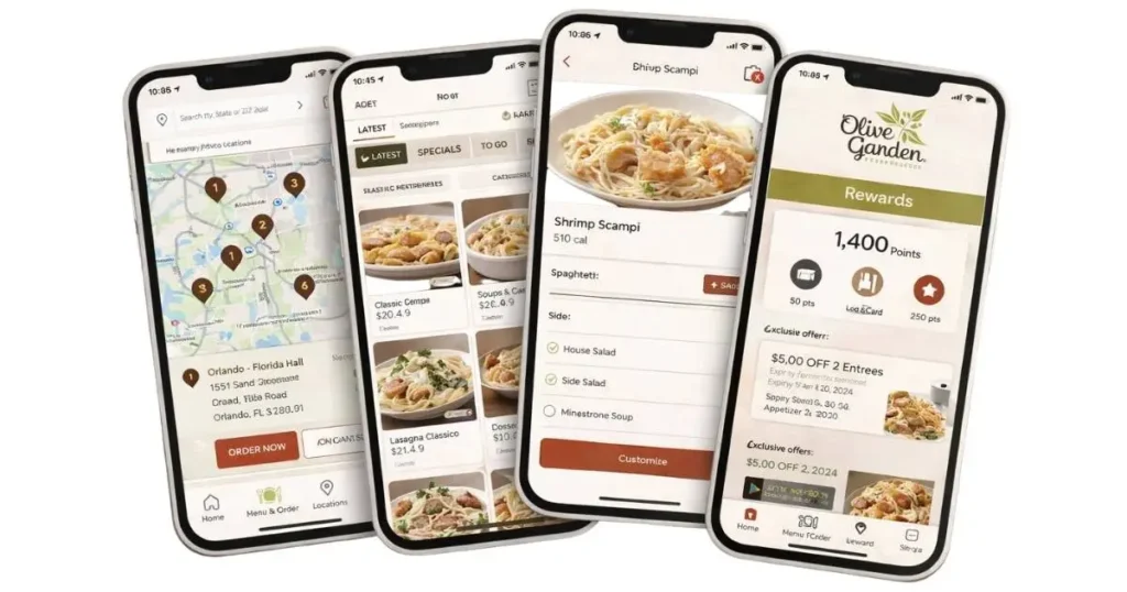 Olive Garden mobile app screens showing location search, menu browsing, dish customization, and rewards dashboard for ordering food online.