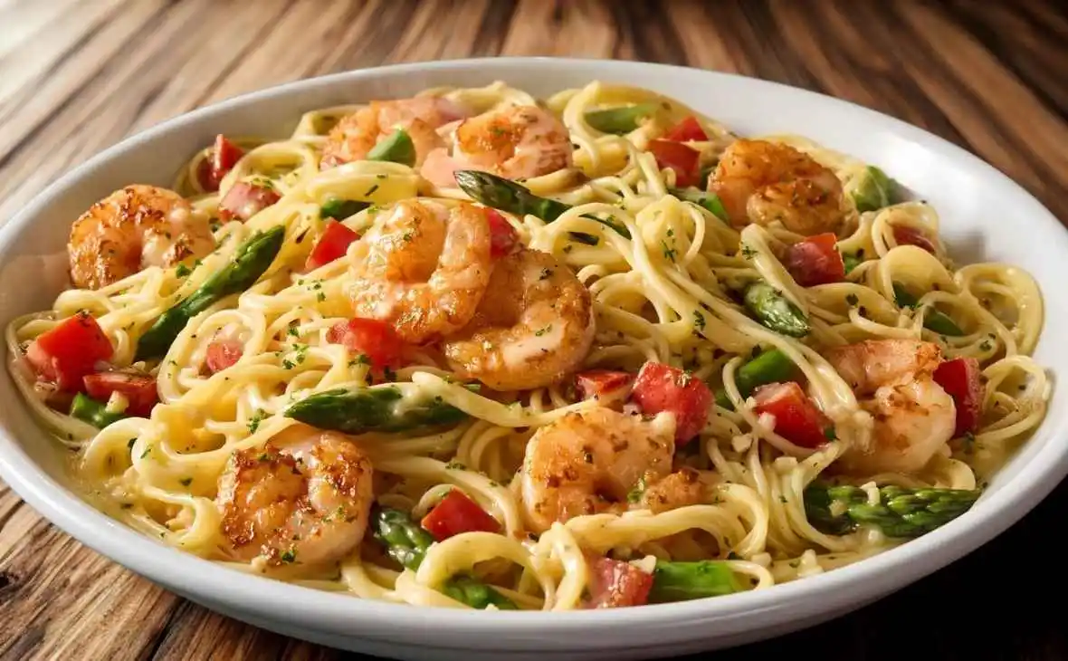 Olive Garden Shrimp Scampi with sautéed shrimp, pasta, asparagus and tomatoes in garlic butter sauce