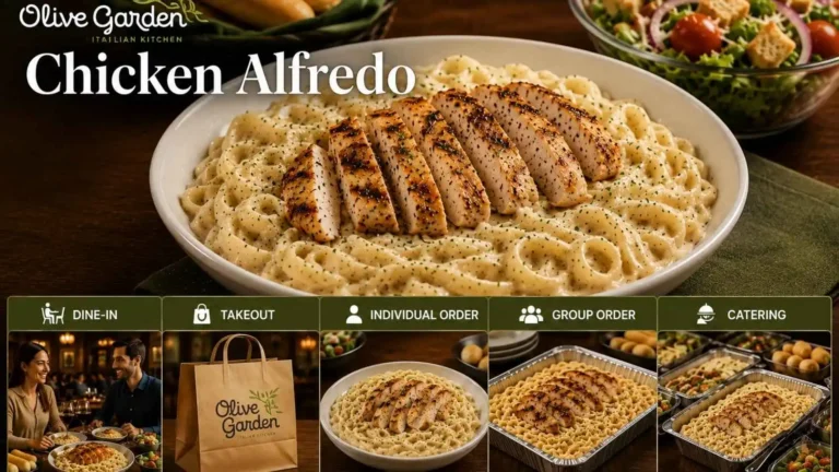 Olive Garden Chicken Alfredo with dine-in, takeout, individual meal, family tray, and catering options