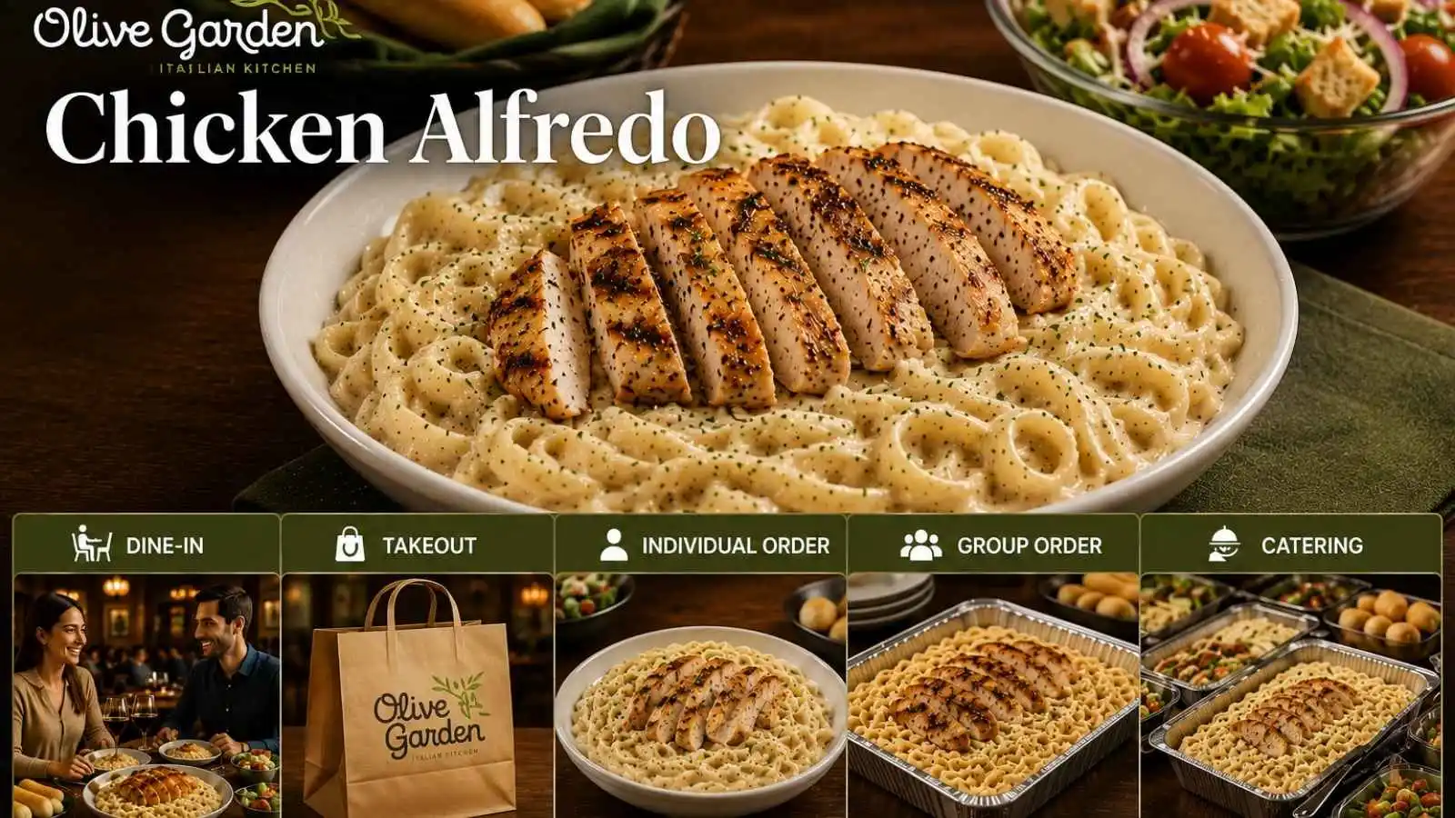 Olive Garden Chicken Alfredo: Price, Calories & Family Meal Options 1 Olive Garden Chicken Alfredo with dine-in, takeout, individual meal, family tray, and catering options
