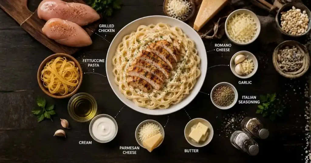 Olive Garden Chicken Alfredo: Price, Calories & Family Meal Options 2 Olive Garden Chicken Alfredo ingredients infographic showing grilled chicken, fettuccine pasta, parmesan cheese, Romano cheese, garlic, cream, butter, and Alfredo sauce ingredients