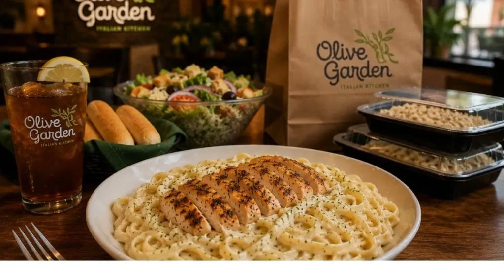 Olive Garden Chicken Alfredo: Price, Calories & Family Meal Options 4 Olive Garden Chicken Alfredo with breadsticks, salad, takeout packaging, and family tray meal setup