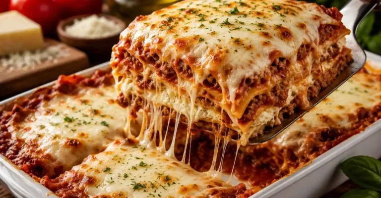 Olive Garden Lasagna Classico with melted mozzarella cheese and meat sauce served in a baked family-style tray