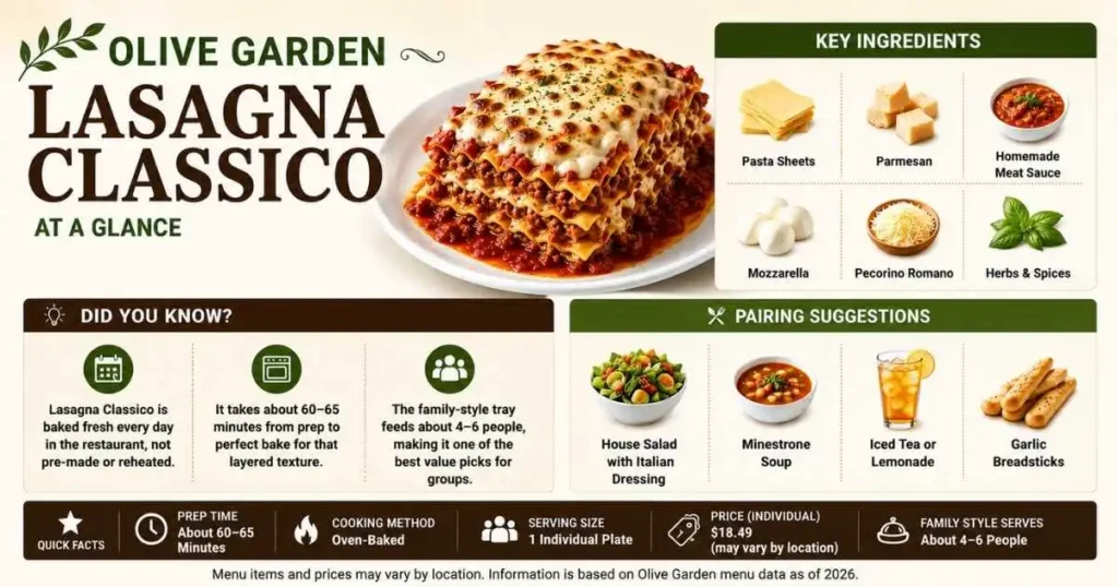 Olive Garden Lasagna Classico infographic showing key ingredients, pairing suggestions, prep time, and family-style serving details