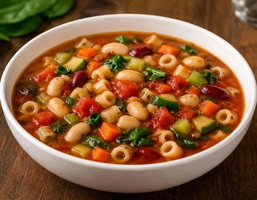 Soup, Salad & Breadsticks 8 A bowl of Olive Garden Minestrone Soup with tomatoes, white beans, pasta, zucchini, carrots, spinach, and vegetables in a light tomato broth.