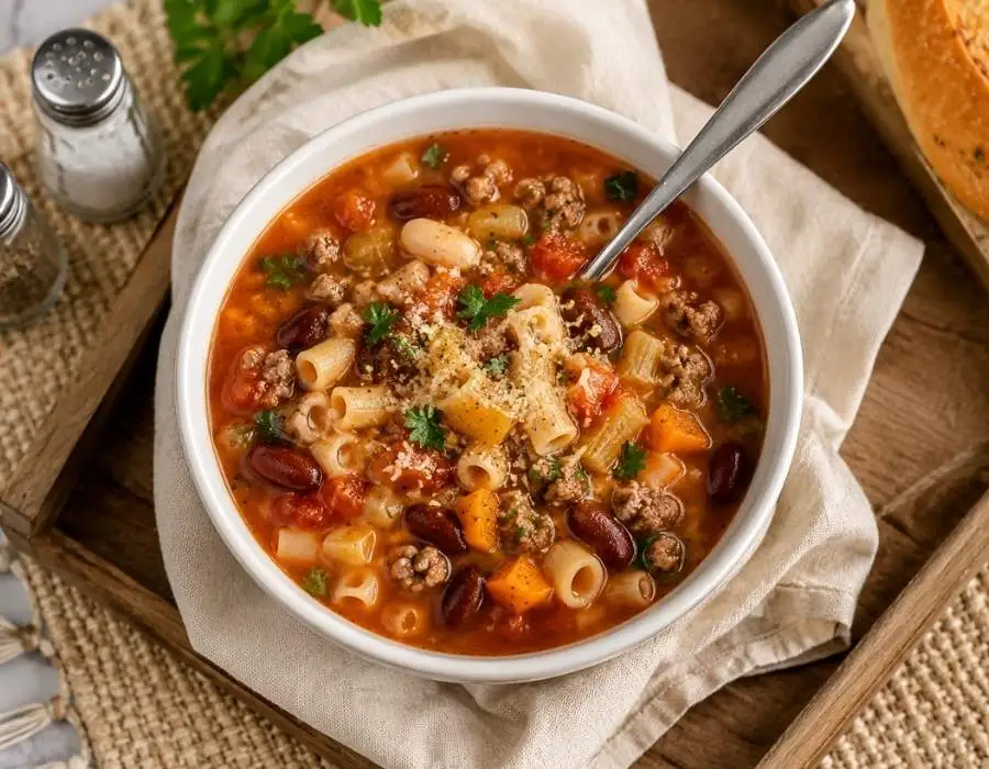 Soup, Salad & Breadsticks 6 A bowl of Olive Garden Pasta e Fagioli Soup with tomato broth, ground beef, beans, ditalini pasta, carrots, and herbs.