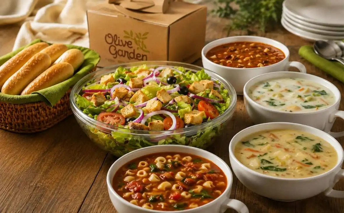 Soup, Salad & Breadsticks 1 Olive Garden Soup, Salad and Breadsticks featuring the Famous House Salad, warm breadsticks, Chicken & Gnocchi Soup, and Pasta e Fagioli Soup.